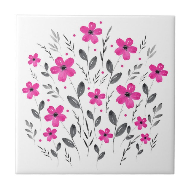 Cinza Rosa Quente Cinco Motif Floral Por Aquarela  (Frente)