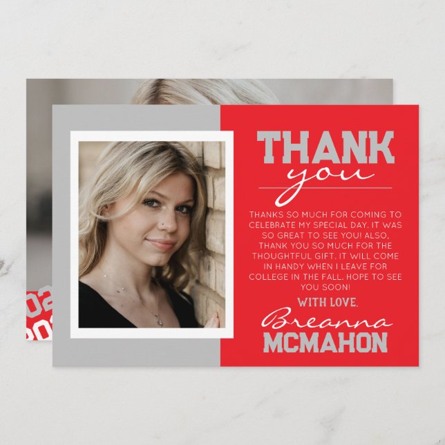 Cinza Vermelha e Prata Cartões de agradecimentos d (Frente/Verso)