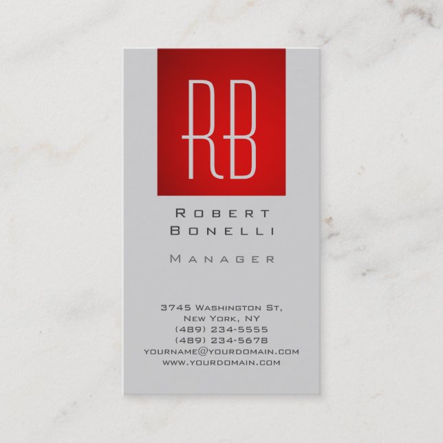 Cinza Vertical Vermelha Moderna Monograma Cartão d (Frente)