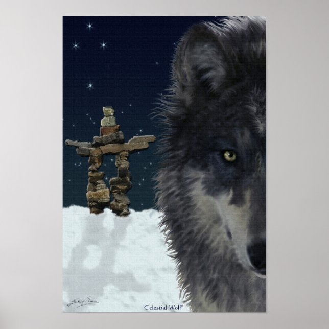 Cinza Wolf, Ártico Inukshuk e Stars Art Poster (Frente)