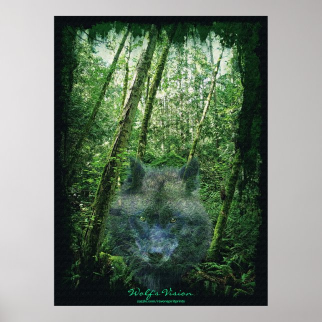 Cinza Wolf Spirit em Forest Eco Fantasy Art Poster (Frente)