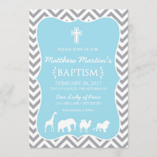 Cinzas azuis Chevron do convite do baptismo da