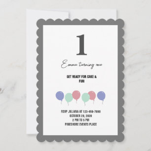 Cinzas bordas balões primeiro aniversario Convite