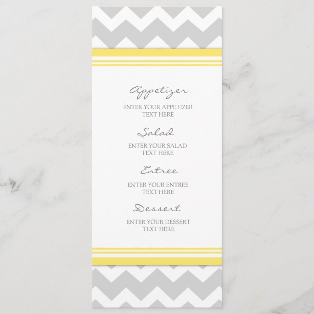 Cinzas Chevron do amarelo do menu do casamento (Frente)
