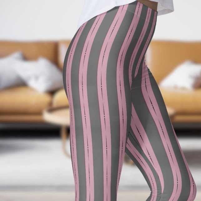 Cinzas clássicas e leggings de padrão de fita cor- (Classic Gray and Pink Strip Pattern Leggings)