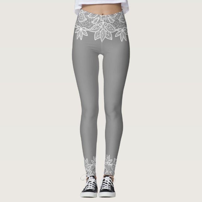 Cinzas com Leggings de aparência de cadarço branco (Frente)