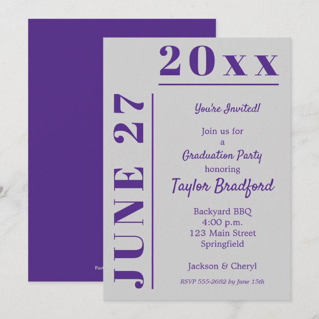 Cinzas e convites para Festas de formatura Roxos (Frente/Verso)