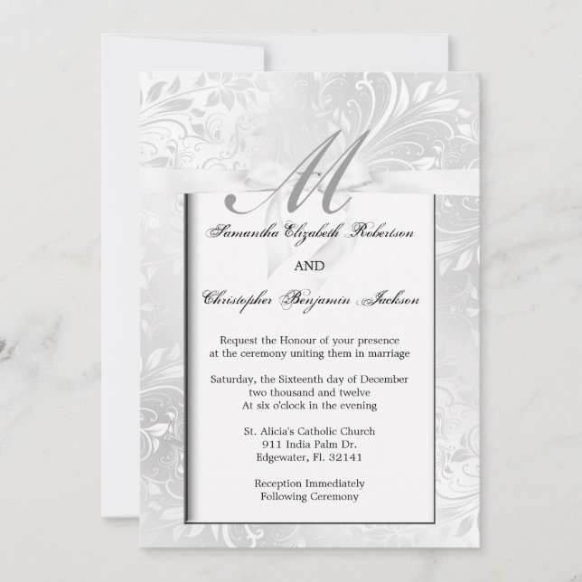 Cinzas Elegantes e Convite de casamento Branco (Frente)