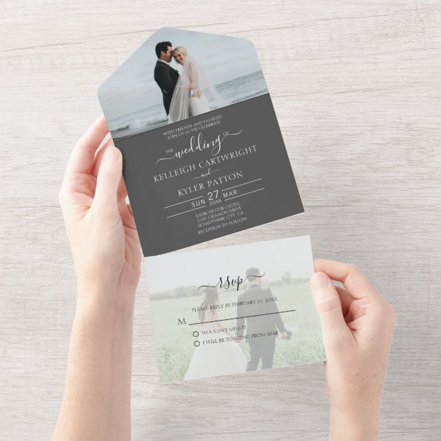 Cinzas Elegantes Todos Em Um Convite De Casamento (Aba destacável)