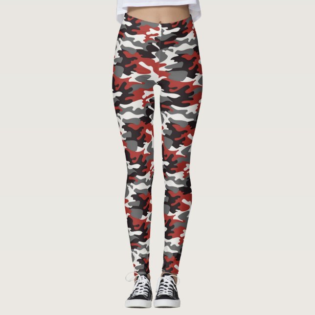Cinzas, Leggings de Camuflagem Vermelha, Preta e B (Frente)