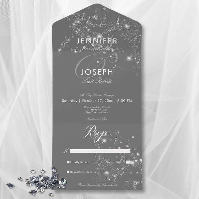 Cinzas Mínimas Modernas - Ouros Brancos Sem Janto (Modern Minimal Gray White Glam Diamonds No Dinner All In One Invitation)