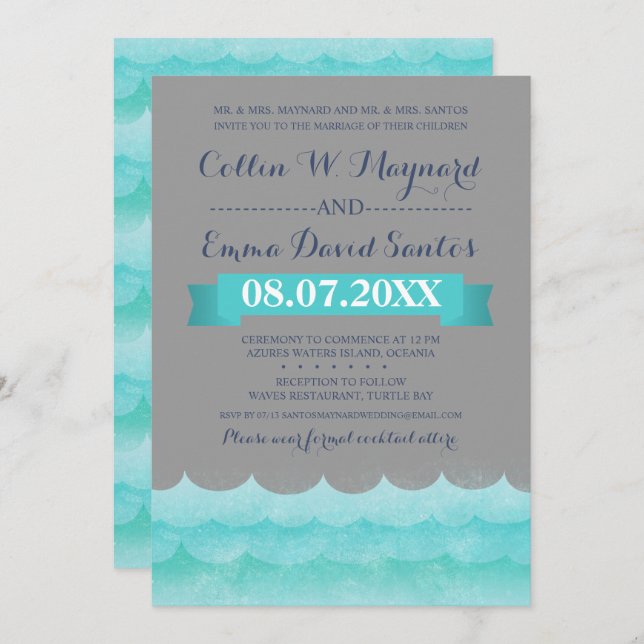 Cinzas Personalizadas Em Convites de casamento Mar (Frente/Verso)