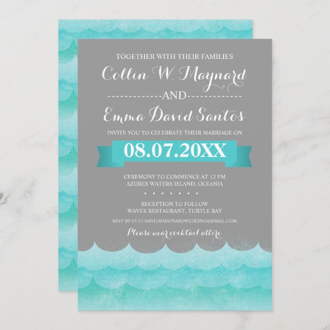 Cinzas Personalizadas Em Convites de casamento Mar (Frente/Verso)
