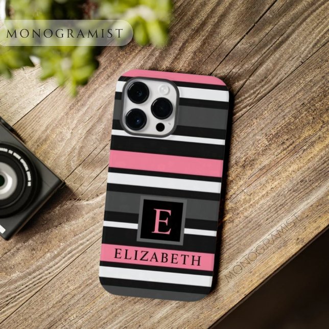 Cinzas Pretas e Personalizáveis - Stripes Brancas (Customizable Black Pink Grey White Stripes Case-Mate iPhone Case)