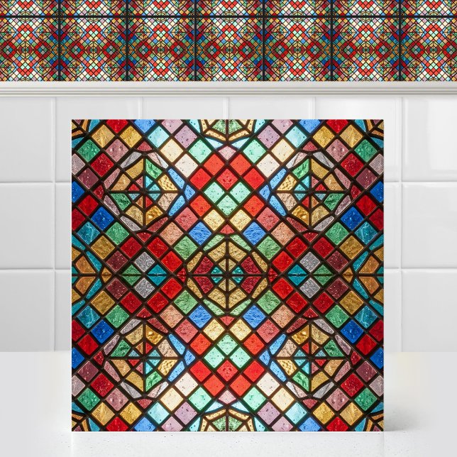 Círculo Radiante Catedral Simétrica Vidro Colorido (Colorful red, blue, yellow, green antique Radiant Circle Symmetrical Cathedral Stained Glass Ceramic)