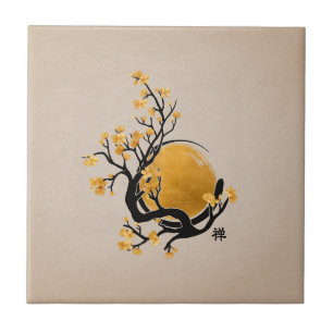 Círculo Zen Enso, Sol Ouro e Flor Sakura