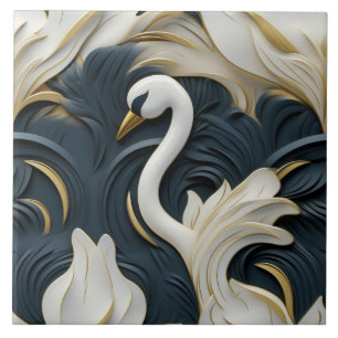 Cisne Branco com Efeito de Relevo de Folhagem Azul