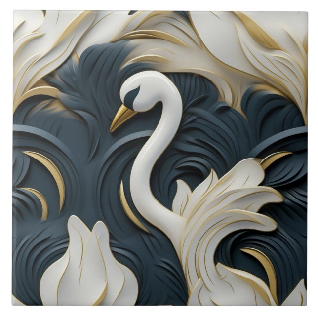 Cisne Branco com Efeito de Relevo de Folhagem Azul (Frente)