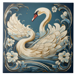 Cisne Creme e Flores Pálidas em Azul Turquesa