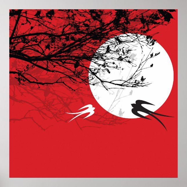 Cisne Oriental na Lua Zen Vermelho Poster (Frente)