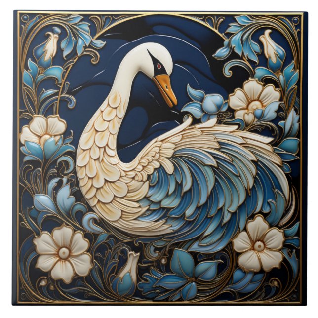 Cisne-ornamentado, azul e branco, pássaro e flores (Frente)