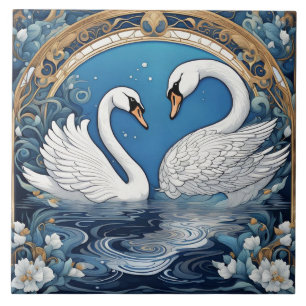 Cisnes brancas no lago Art Nouveau Bird Art Deco B
