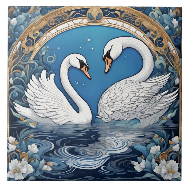 Cisnes brancas no lago Art Nouveau Bird Art Deco B (Frente)