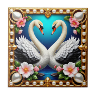 Cisnes de Casamento Moldura Dourada Arte Floral Ro