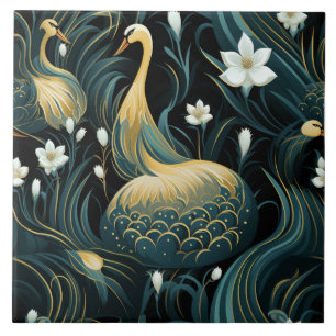 Cisnes Dourados Inspirados Aves e Flores Brancas
