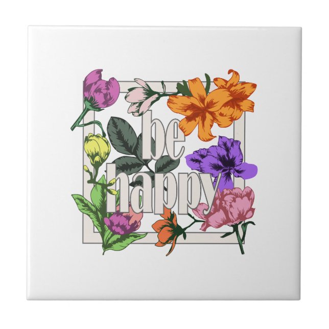 Citação positiva Ser Feliz e flores de jardim (Frente)