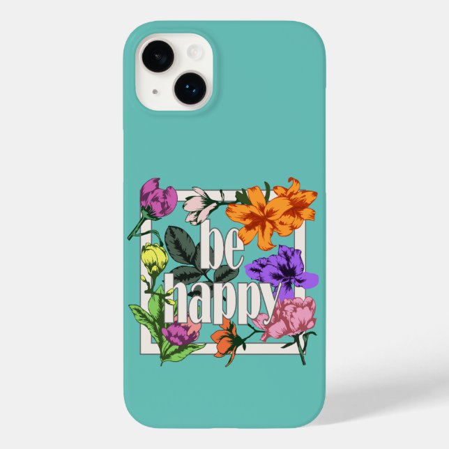 Citação positiva Ser Feliz e flores de jardim (Verso)