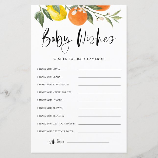 Citrus Botanic Wish for Baby Chá de fraldas Card (Frente)