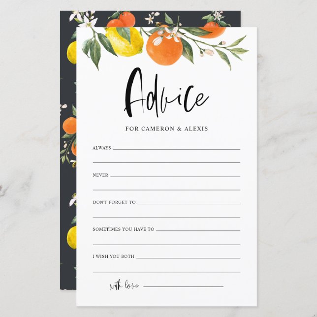 Citrus Botanical Advice for the Bride & Groom Card (Frente/Verso)