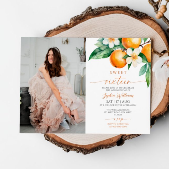 Citrus Floral Photo Sweet 16 Aniversário Convite (Criador carregado)