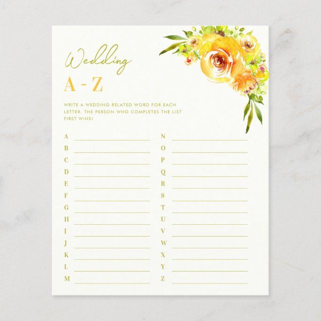 Citrus Green Floral Wedding A-Z Bridal Shower Game (Frente)