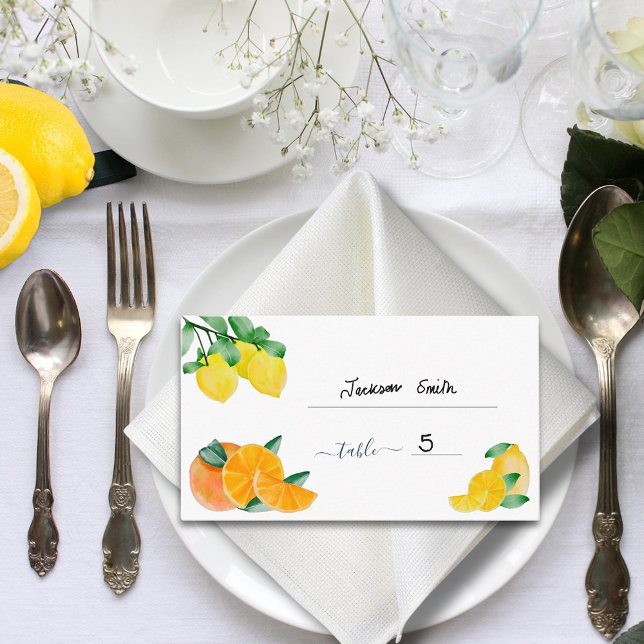 Citrus Lemon e Cartão de Mesa de Casamento Laranja (Lemons and oranges citrus wedding budget place name cards)