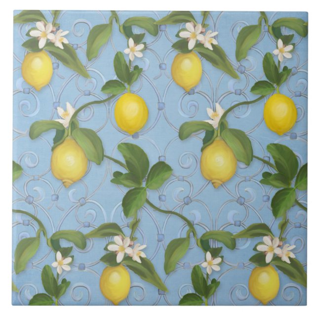 Citrus Lemon Floral Dusty Blue Greenery Padrão (Frente)