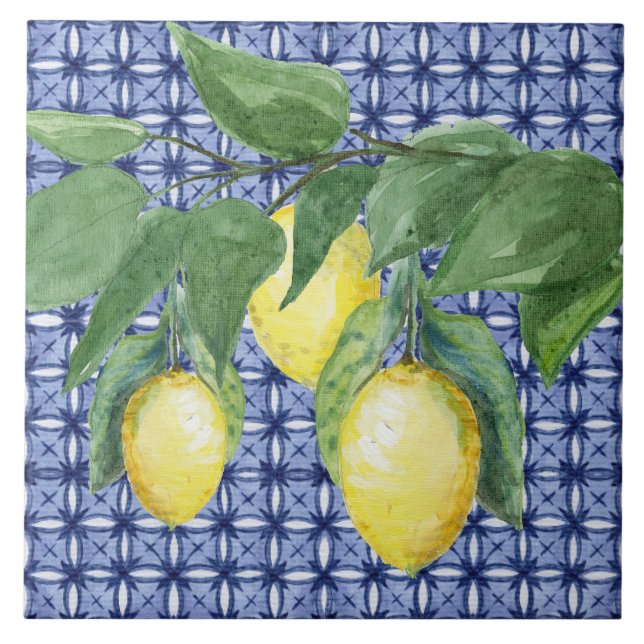 Citrus Lemon Watercolor Foliage Marinho Azul (Frente)