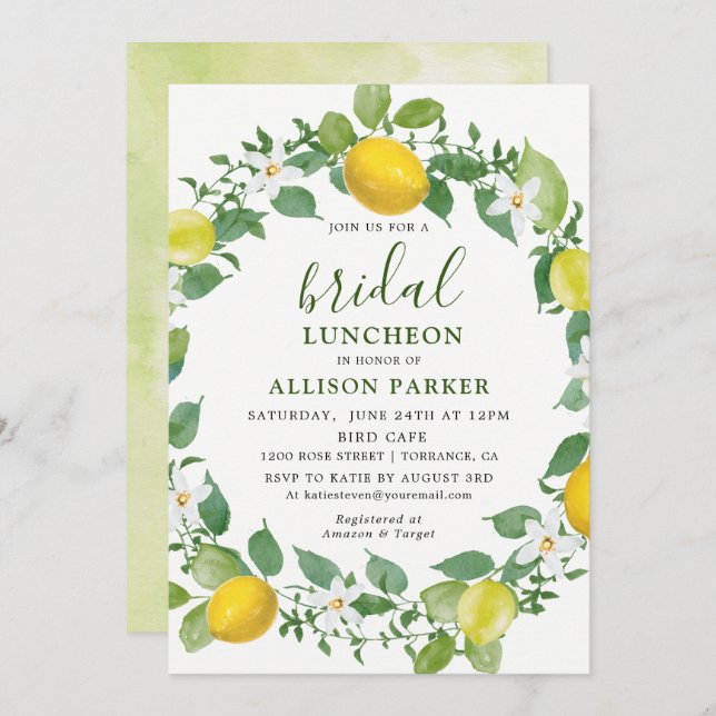 Citrus Watercolor Lemon Bridal Luncheon Convite (Frente/Verso)