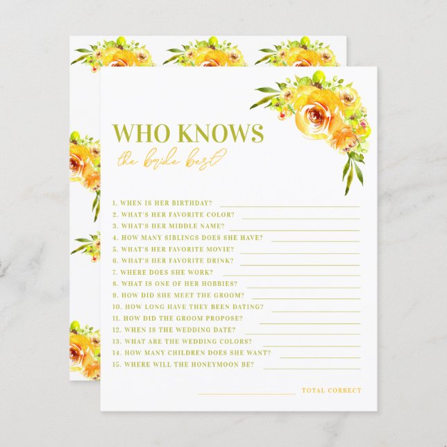 Citrus Yellow Floral Who Knows the Bride Best Game (Frente/Verso)