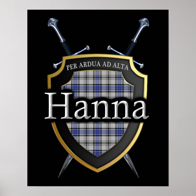 Clan Hanna Hannay Tartan Shield & Swords Impressão (Frente)