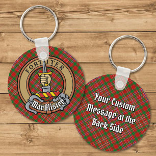 Clan MacAlister Crest sobre Tartan Chaveiro