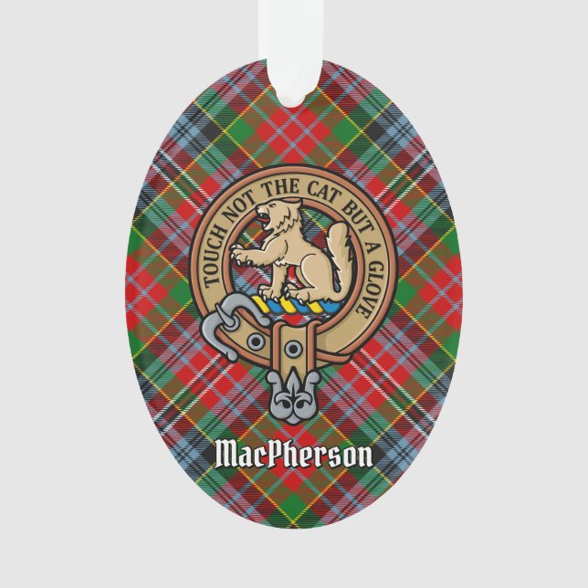 Clan MacPherson Crest sobre Ornamento Tartan (Frente)