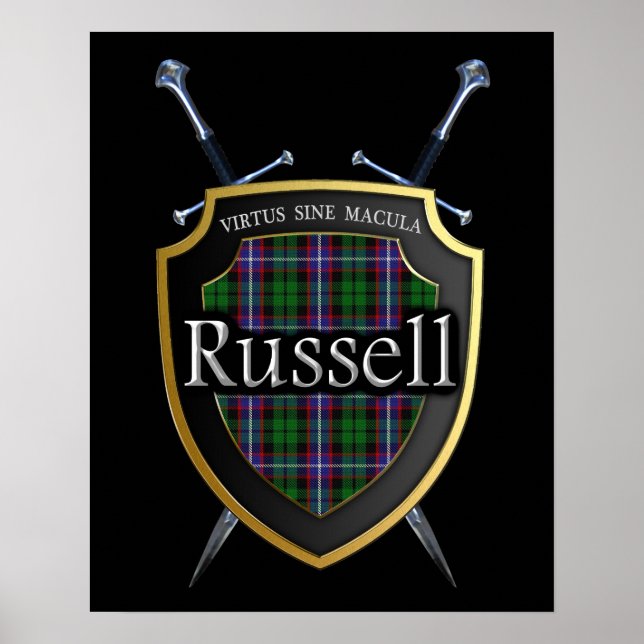 Clan Russell Tartan Shield & Swords Impressão (Frente)