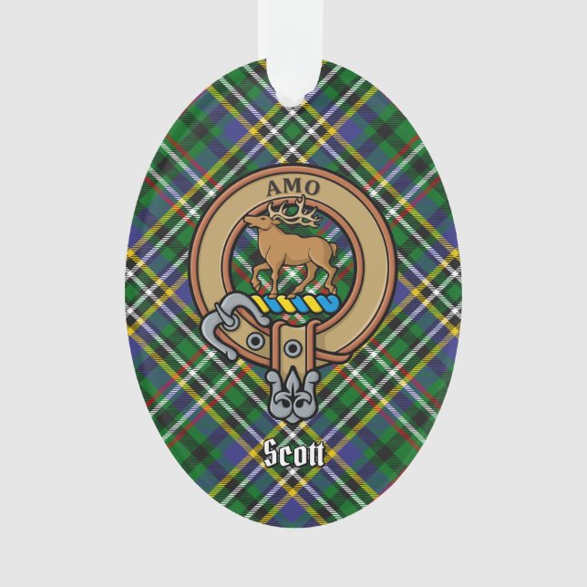 Clan Scott Crest sobre Ornamento Verde do Tartan (Frente)