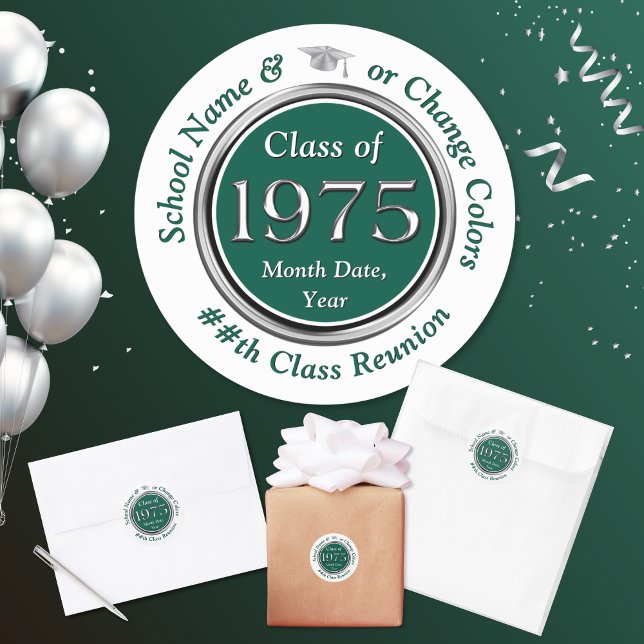 Classe de adesivos de Reunião ou Design de TRANSFE (Forest Green, White and Silver, Class of 1975 Stickers. Class of 75 party supplies for party bags.)