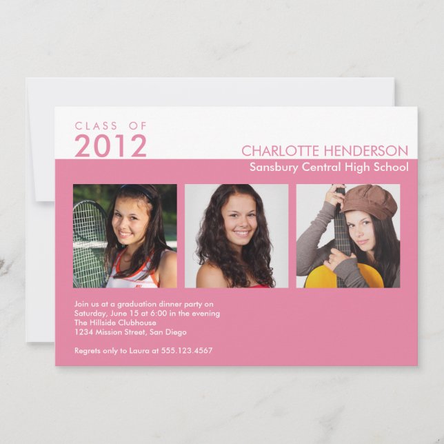 Classe de convite personalizada de 3 fotos rosa (Frente)