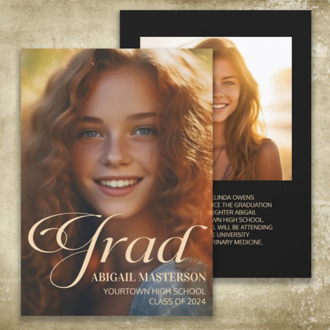 Classe Elegante de Graduação de Foto de Formando 2 (2-photo graduation announcement card printed on both sides)
