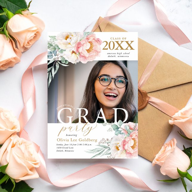 Classe Floral Elegante de Convite de festas de For (Elegant Floral Photo Graduation Invitation)