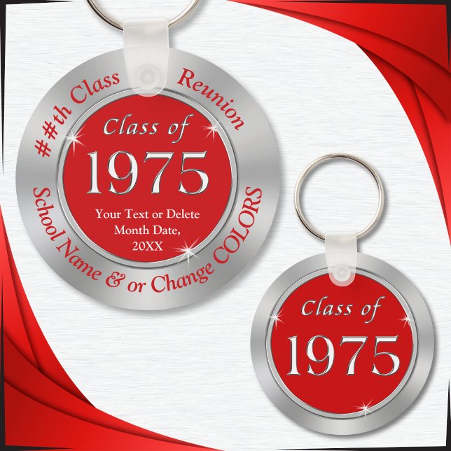Classe Vermelha e Prata de Chaveiros 1975 Personal (Red and Silver Gray, Class of 1975 Reunion Ideas. Class of 75, Keychains as class reunion souvenirs.)